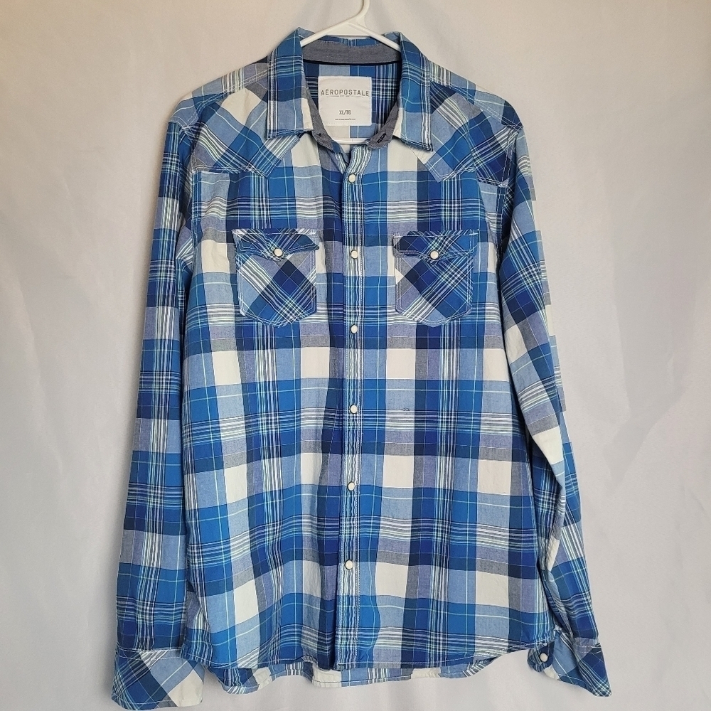 Aeropostale Western Pearl Snap Blue Plaid Men's Long Sleeve Shirt Size XL